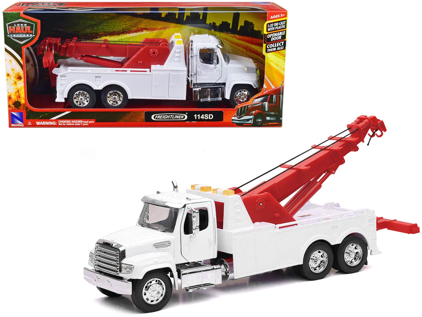 Freightliner 114SD Tow Truck White and Red "Long Haul Trucker" Series 1/32 Diecast Model by New Ray