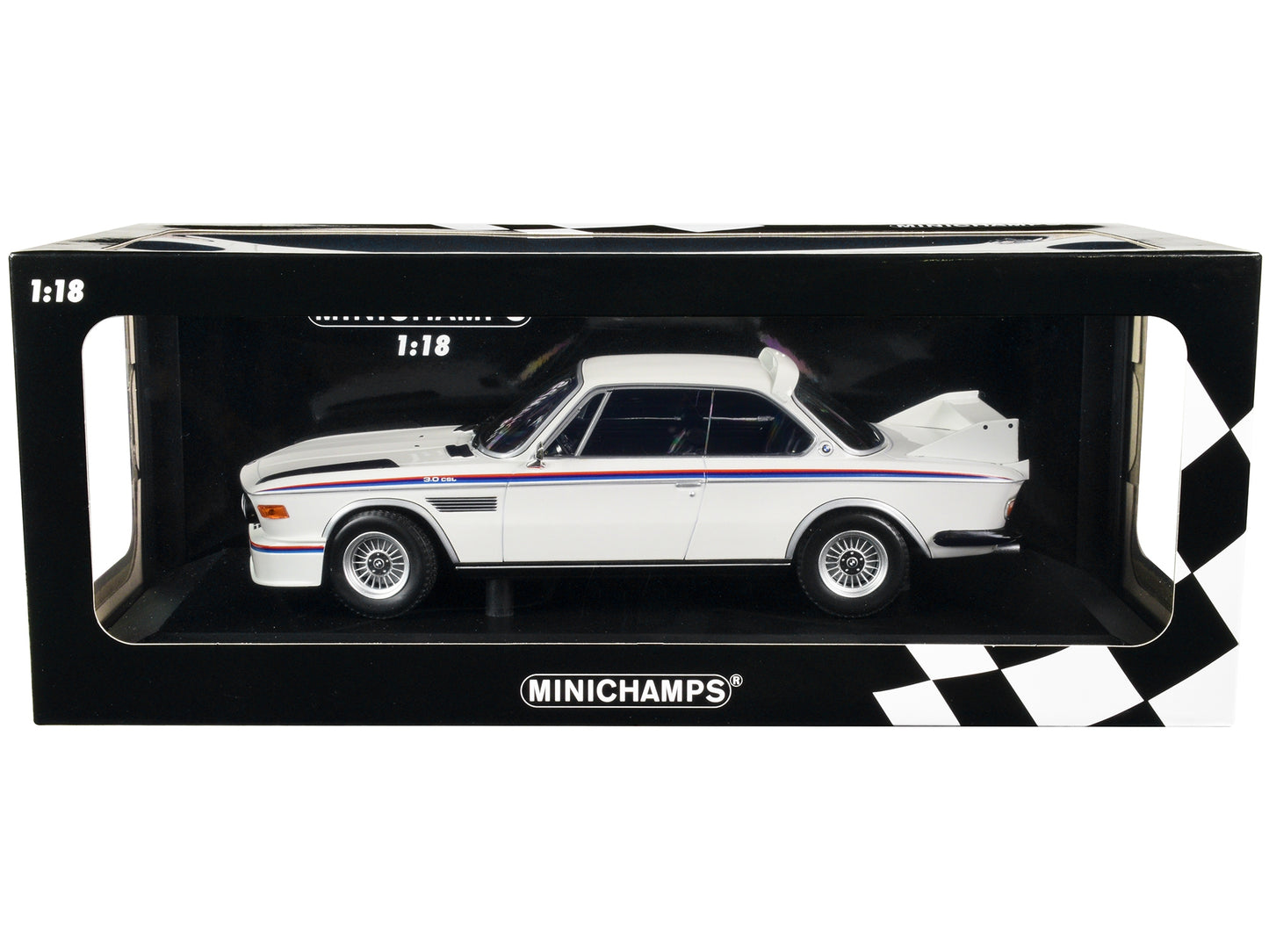 1973 BMW 3.0 CSL White with Red and Blue Stripes Limited Edition to 600 pieces Worldwide 1/18 Diecast Model Car by Minichamps