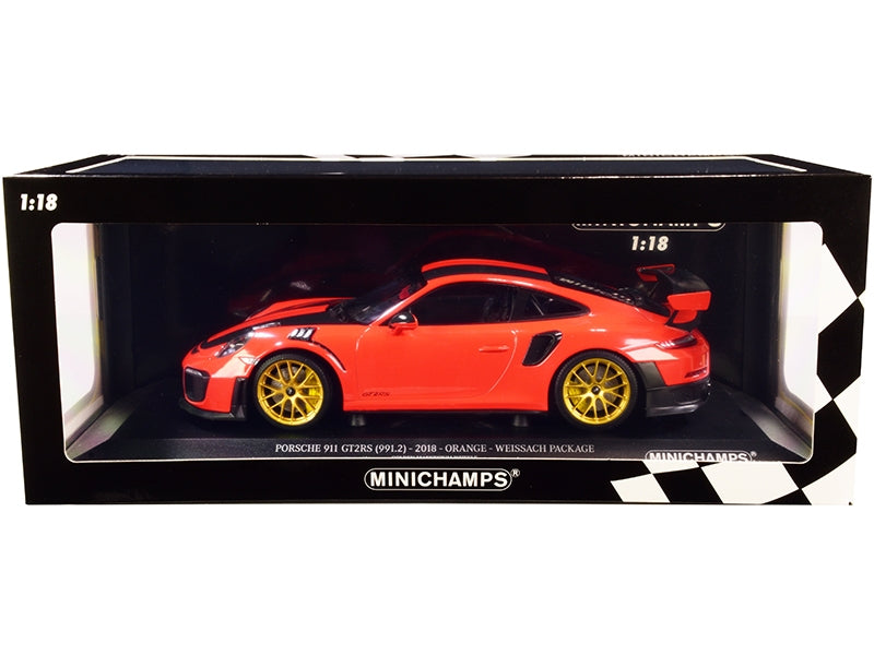 2018 Porsche 911 GT2RS (991.2) Weissach Package Orange with Carbon Stripes and Golden Magnesium Wheels Limited Edition to 300 pieces Worldwide 1/18 Diecast Model Car by Minichamps