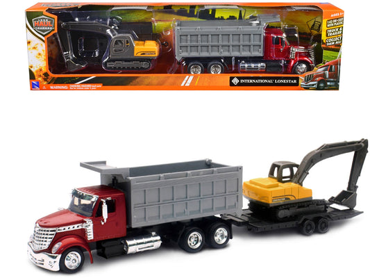 International Lonestar Dump Truck Red and Tracked Excavator Yellow with Flatbed Trailer "Long Haul Truckers" Series 1/43 Diecast Model by New Ray