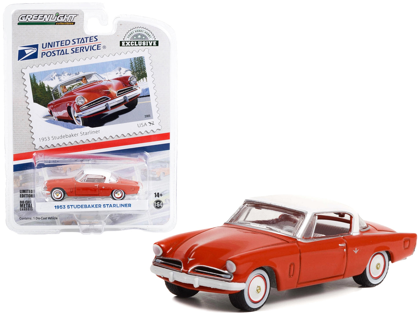 1953 Studebaker Starliner Red with White Top USPS (United States Postal Service) "America on the Move" "Hobby Exclusive" Series 1/64 Diecast Model Car by Greenlight