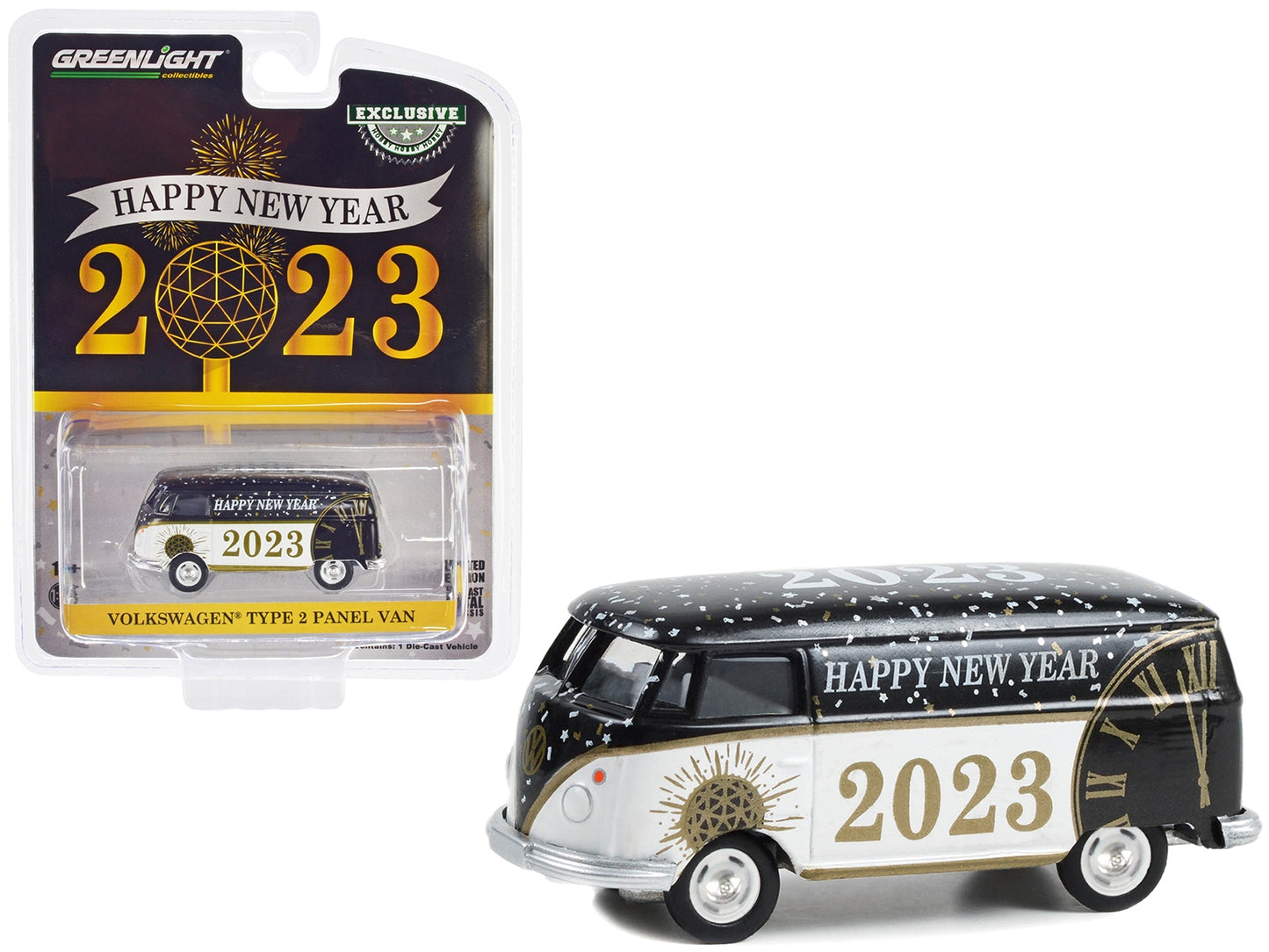 Volkswagen Type 2 Panel Van "Happy New Year 2023" Black and White "Hobby Exclusive" Series 1/64 Diecast Model by Greenlight