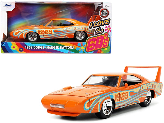 1969 Dodge Charger Daytona Orange Metallic with Graphics "I Love the 1960's" Series 1/24 Diecast Model Car by Jada