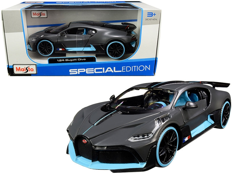 Bugatti Divo Satin Charcoal Gray with Carbon and Blue Accents "Special Edition" 1/24 Diecast Model Car by Maisto