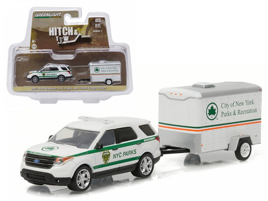 2015 Ford Explorer New York City Department of Parks and Recreation & Small Cargo Trailer Hitch & Tow Series 7 1/64 Diecast Car Model by Greenlight