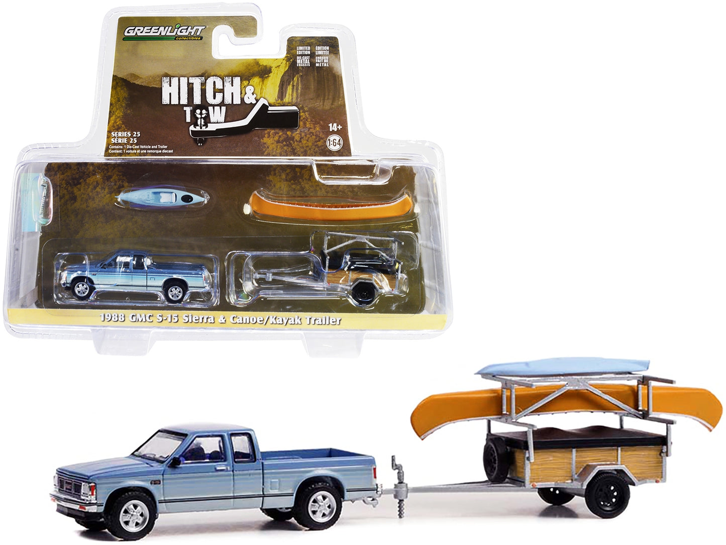 1988 GMC S-15 Sierra Pickup Truck Blue Metallic and White with Stripes and Canoe Trailer and Canoe Rack with Canoe and Kayak "Hitch & Tow" Series 25 1/64 Diecast Model Car by Greenlight