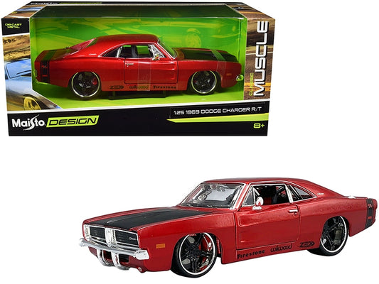 1969 Dodge Charger R/T Red Metallic with Black Hood and Black Stripes "Classic Muscle" 1/25 Diecast Model Car by Maisto