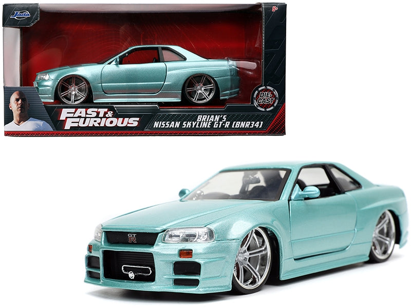 Brian's Nissan Skyline GT-R (BNR34) RHD (Right Hand Drive) Turquoise Metallic "Fast & Furious" Movie 1/24 Diecast Model Car by Jada