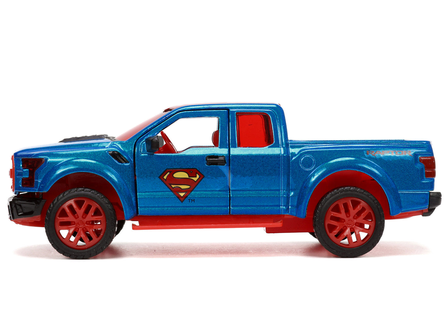 2017 Ford F-150 Raptor Pickup Truck Blue Metallic and Red with Red Interior and Superman Diecast Figure "DC's Superman" "Hollywood Rides" Series 1/32 Diecast Model Car by Jada