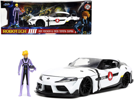 2020 Toyota Supra White and Roy Focker Diecast Figurine "Robotech" "Hollywood Rides" Series 1/24 Diecast Model Car by Jada