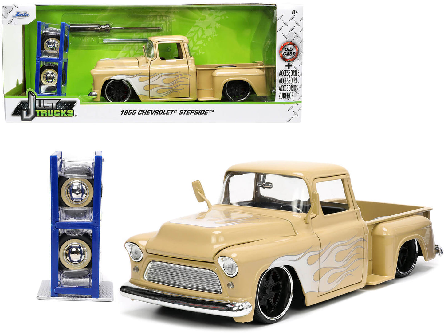 1955 Chevrolet Stepside Pickup Truck Tan with White and Silver Flames with Extra Wheels "Just Trucks" Series 1/24 Diecast Model Car by Jada