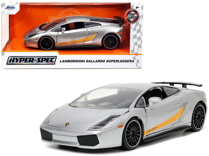 Lamborghini Gallardo Superleggera Silver Metallic with Yellow Stripes "Hyper-Spec" Series 1/24 Diecast Model Car by Jada