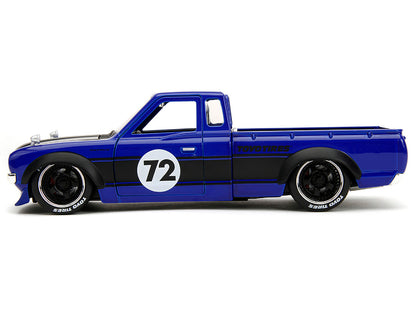 1972 Datsun 620 Pickup Truck #72 Blue Metallic with Black Stripes and Hood "Toyo Tires" with Extra Wheels "Just Trucks" Series 1/24 Diecast Model Car by Jada