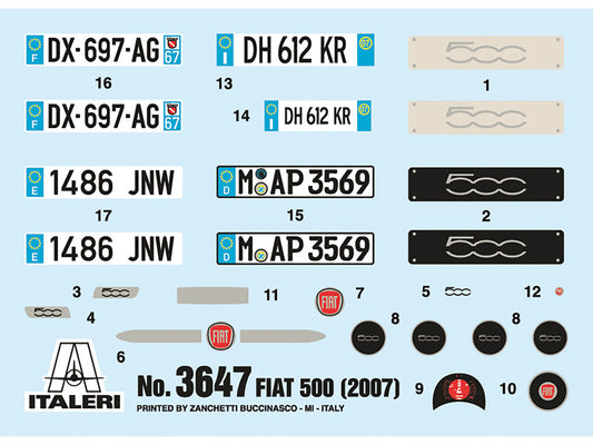 Skill 3 Model Kit 2007 Fiat 500 1/24 Scale Model by Italeri