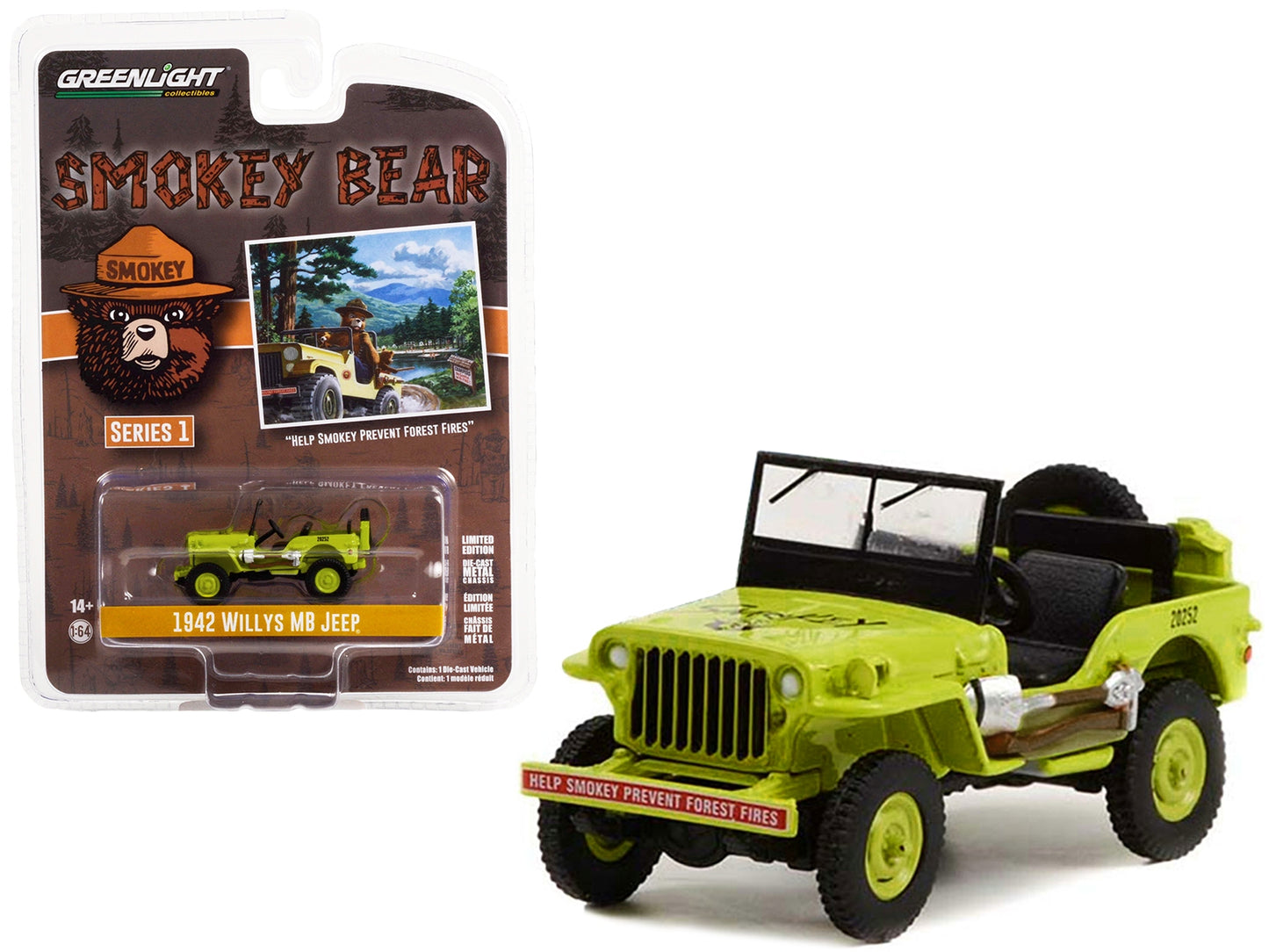 1942 Willys MB Jeep Bright Green "Help Smokey Prevent Forest Fires" "Smokey Bear" Series 1 1/64 Diecast Model Car by Greenlight