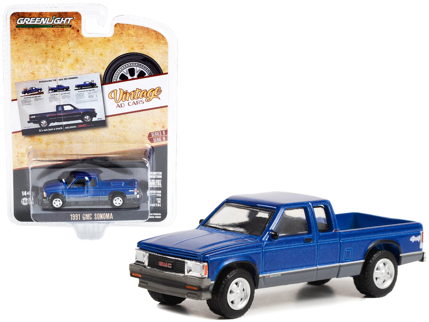 1991 GMC Sonoma Pickup Truck Blue Metallic and Gray "It's Not Just A Truck Anymore" "Vintage Ad Cars" Series 8 1/64 Diecast Model Car by Greenlight