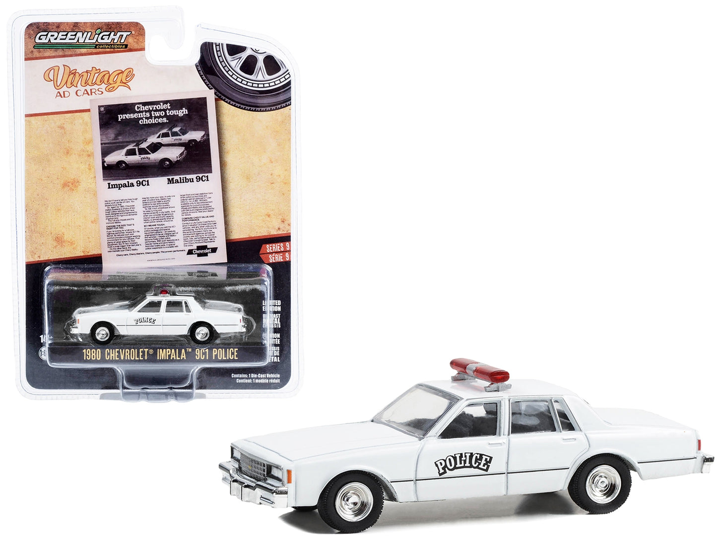 1980 Chevrolet Impala 9C1 Police White "Chevrolet Presents Two Tough Choices" "Vintage Ad Cars" Series 9 1/64 Diecast Model Car by Greenlight