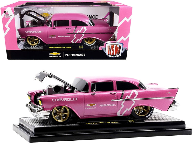 1957 Chevrolet 150 Sedan Medium Pink Pearl with Black Hood and Graphics Limited Edition to 7000 pieces Worldwide 1/24 Diecast Model Car by M2 Machines