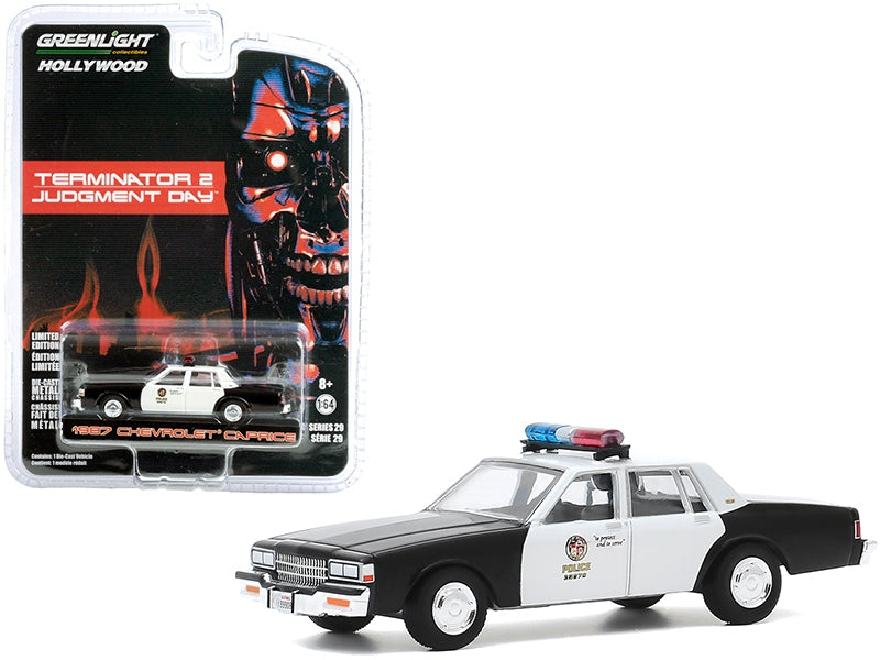 1987 Chevrolet Caprice "Metropolitan Police" Black and White "Terminator 2: Judgment Day" (1991) Movie "Hollywood Series" Release 29 1/64 Diecast Model Car by Greenlight