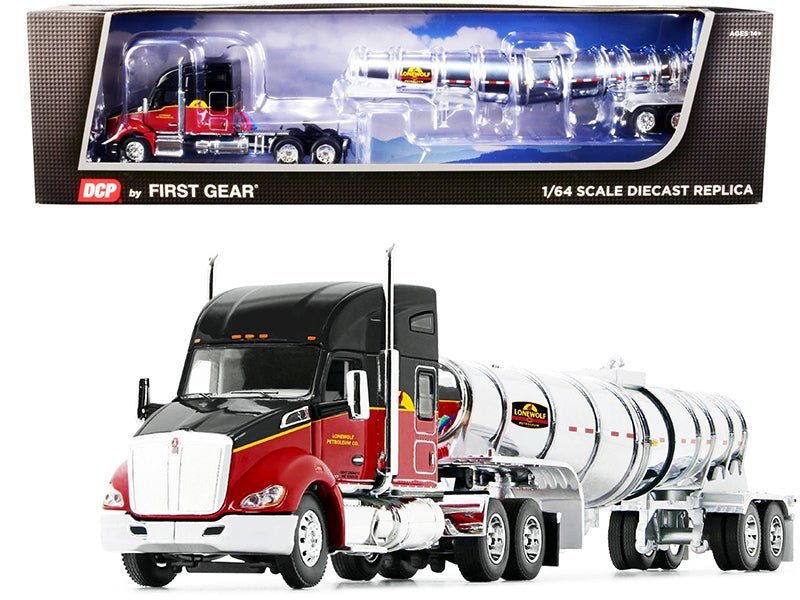 Kenworth T680 76" Mid-Roof Sleeper Cab Black and Red and Chrome Polar Deep Drop Tanker "Lonewolf Petrolum Co." 1/64 Diecast Model by DCP/First Gear