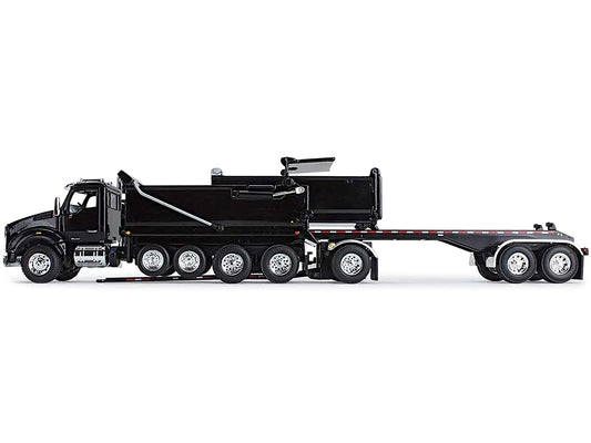 Kenworth T880 Quad-Axle Dump Truck and Rogue Transfer Tandem-Axle Dump Trailer Black 1/64 Diecast Model by DCP/First Gear