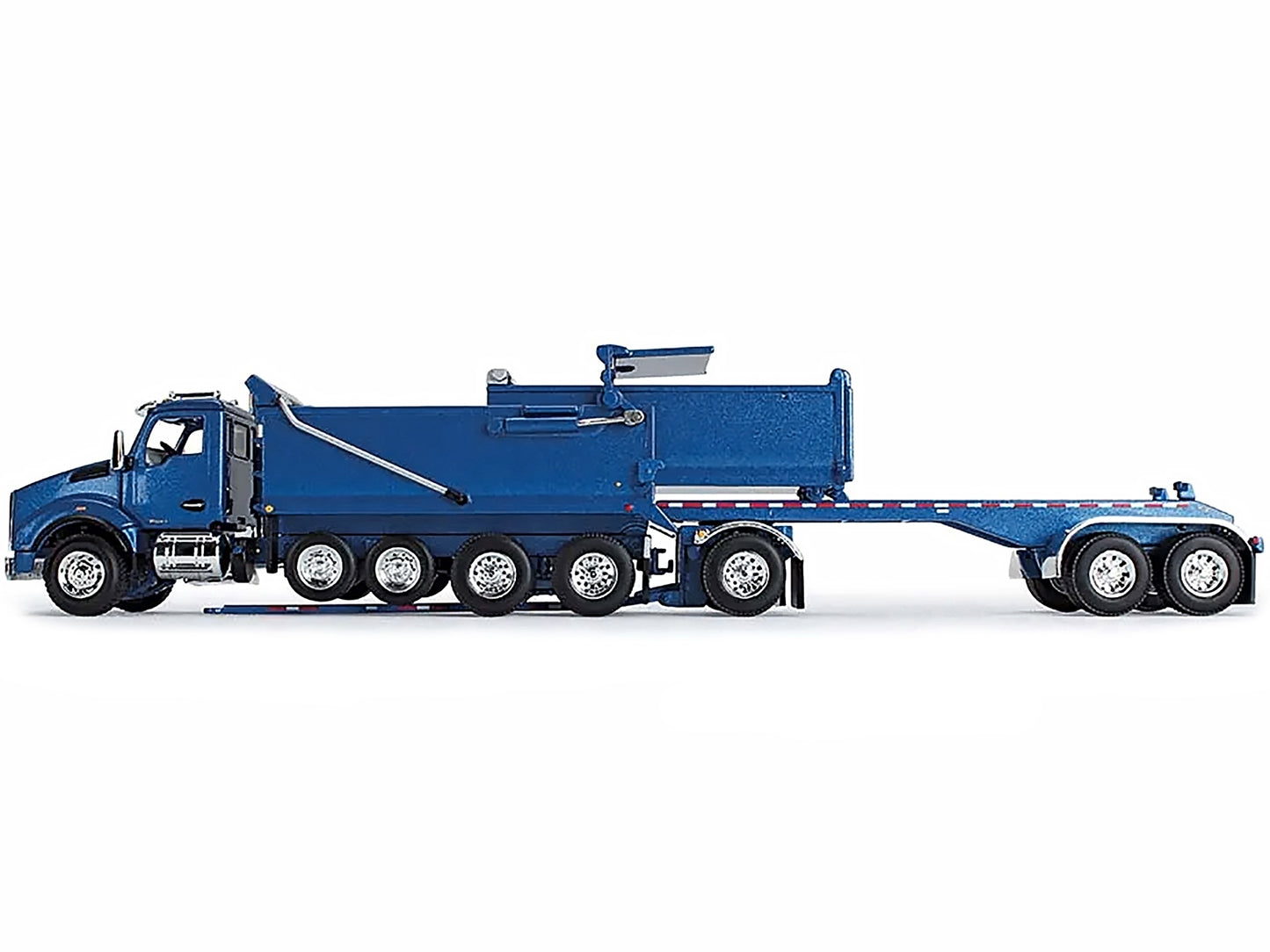 Kenworth T880 Quad-Axle Dump Truck and Rogue Transfer Tandem-Axle Dump Trailer Surf Blue Metallic 1/64 Diecast Model by DCP/First Gear