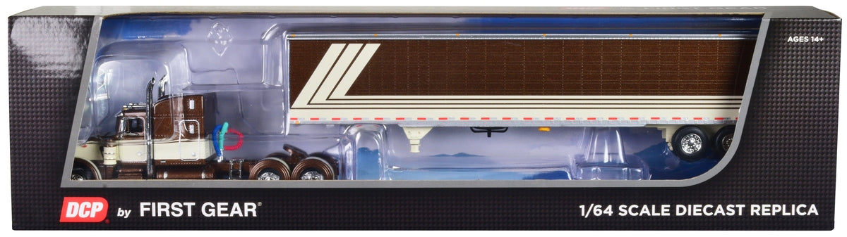 Peterbilt 359 with 63" Mid-Roof Sleeper and 53' Utility Trailer Brown and Cream 1/64 Diecast Model by DCP/First Gear