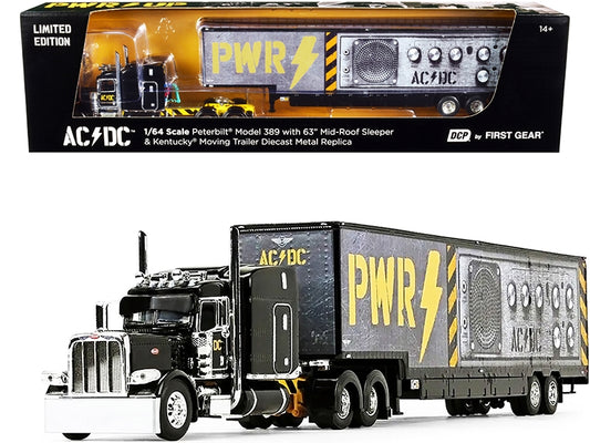 Peterbilt 389 63" Mid-Roof Sleeper Cab with Kentucky Moving Trailer "AC/DC Power Up" Black 1/64 Diecast Model by DCP/First Gear