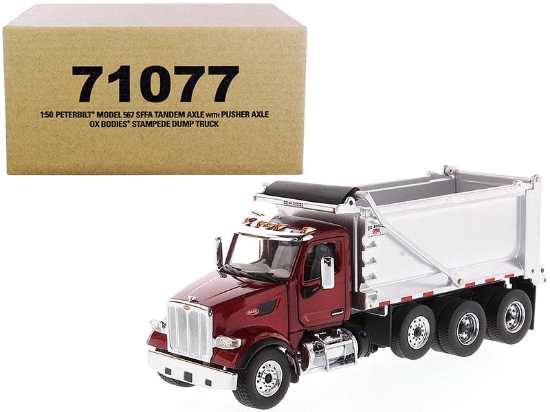 Peterbilt 567 SFFA Tandem Axle with Pusher Axle OX Stampede Dump Truck Red and Chrome "Transport Series" 1/50 Diecast Model by Diecast Masters