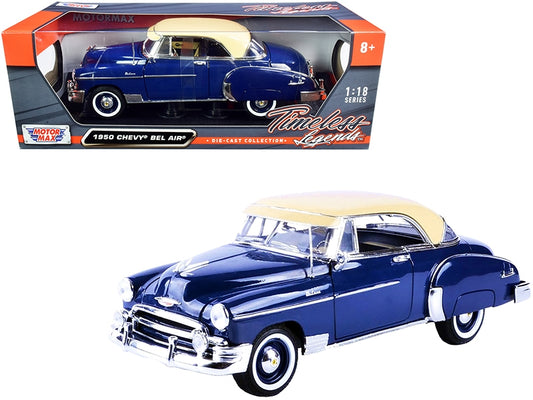 1950 Chevrolet Bel Air Dark Blue with Cream Top "Timeless Legends" 1/18 Diecast Model Car by Motormax