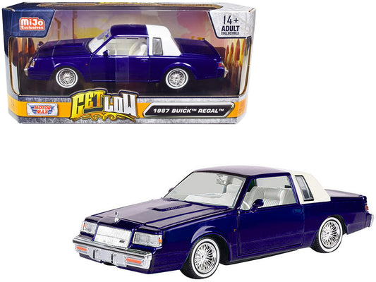 1987 Buick Regal Candy Blue Metallic with Rear Section of Roof White and White Interior "Get Low" Series 1/24 Diecast Model Car by Motormax