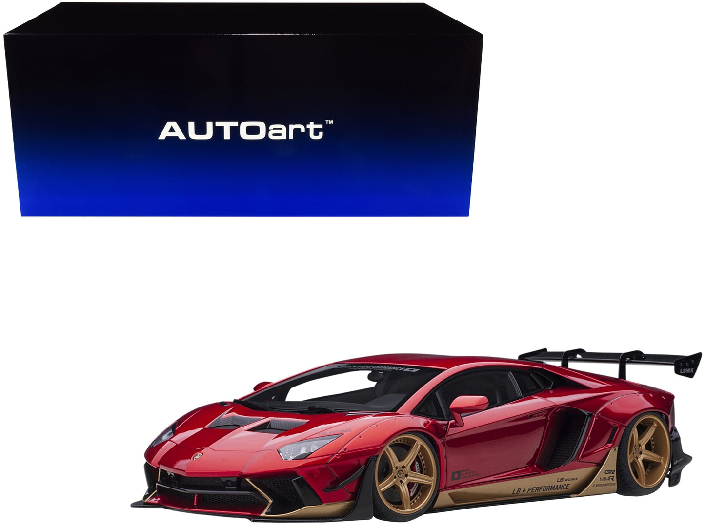 Lamborghini Aventador Liberty Walk LB-Works Hyper Red Metallic with Gold Accents Limited Edition 1/18 Model Car by Autoart