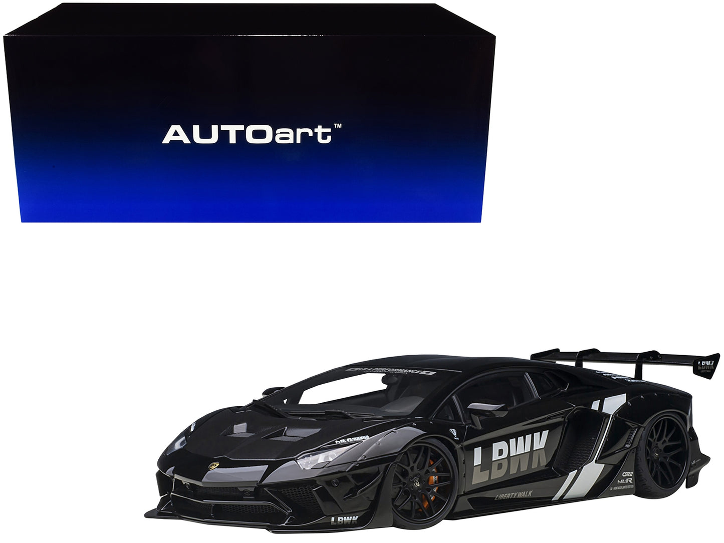 Lamborghini Aventador Liberty Walk LB-Works Livery Black with Carbon Hood Limited Edition 1/18 Model Car by Autoart