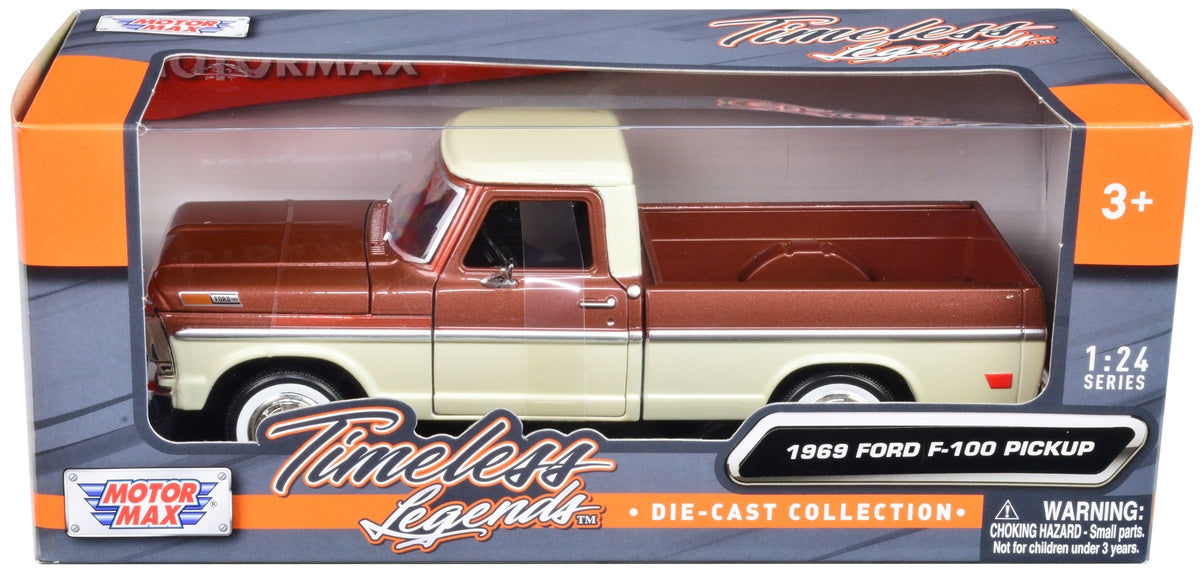 1969 Ford F-100 Pickup Truck Brown Metallic and Cream "Timeless Legends" 1/24 Diecast Model Car by Motormax