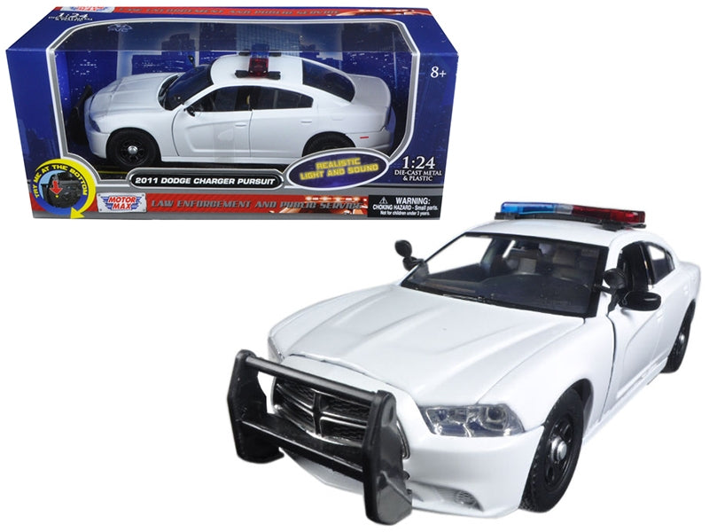 2011 Dodge Charger Pursuit Police Car White with Flashing Light Bar, Front and Rear Lights and 2 Sounds 1/24 Diecast Model Car  by Motormax