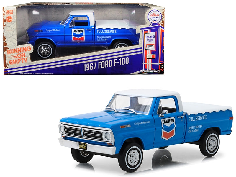 1967 Ford F-100 with Bed Cover "Chevron Full Service" Blue with White Top Running on Empty Series 1/24 Diecast Model Car by Greenlight