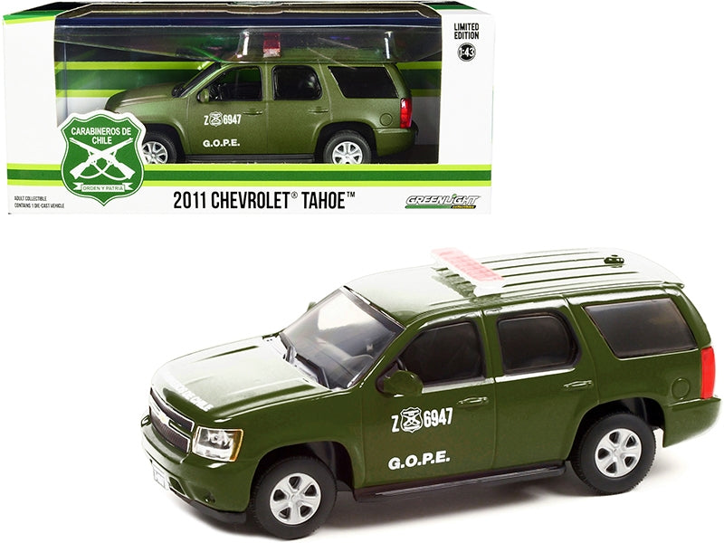 2011 Chevrolet Tahoe Police Car Matt Green "Carabineros de Chile" G.O.P.E. "Grupo de Operaciones Policiales Especiales" 1/43 Diecast Model Car by Greenlight