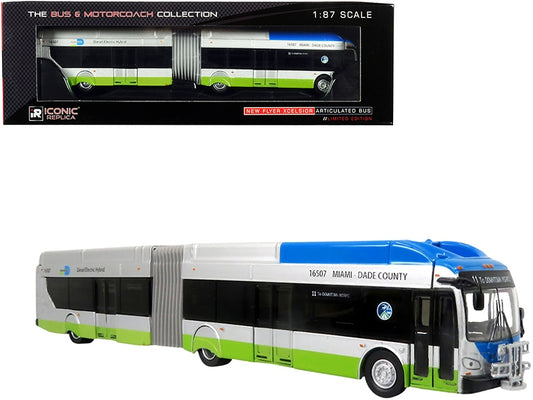 New Flyer Xcelsior XN-60 Aerodynamic Articulated Bus #11 "Miami-Dade County" Silver and Blue with Green Stripe "The Bus & Motorcoach Collection" 1/87 (HO) Diecast Model by Iconic Replicas