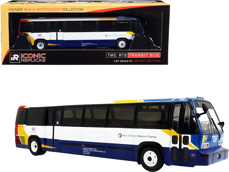 1999 TMC RTS Transit Bus #99 Journal Square Coach USA "Red & Tan in Hudson County" (New Jersey) White and Blue with Red and Yellow Stripes "The Vintage Bus & Motorcoach Collection" 1/87 (HO) Diecast Model by Iconic Replicas