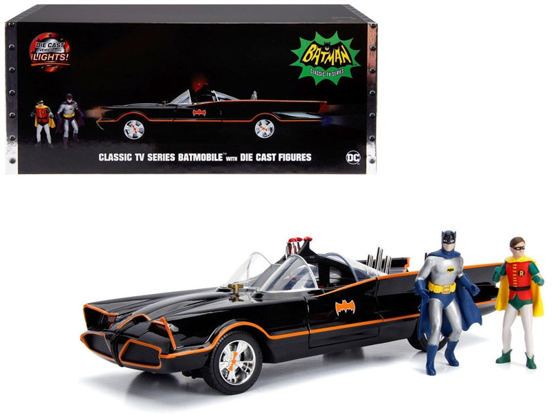 Classic TV Series Batmobile with Working Lights, and Diecast Batman and Robin Figures "80 Years of Batman" 1/18 Diecast Model Car by Jada