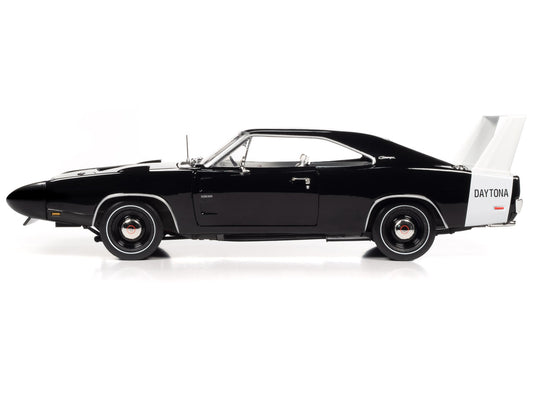 1969 Dodge Charger Daytona X9 Black with White Interior and Tail Stripe "American Muscle" Series 1/18 Diecast Model Car by Auto World