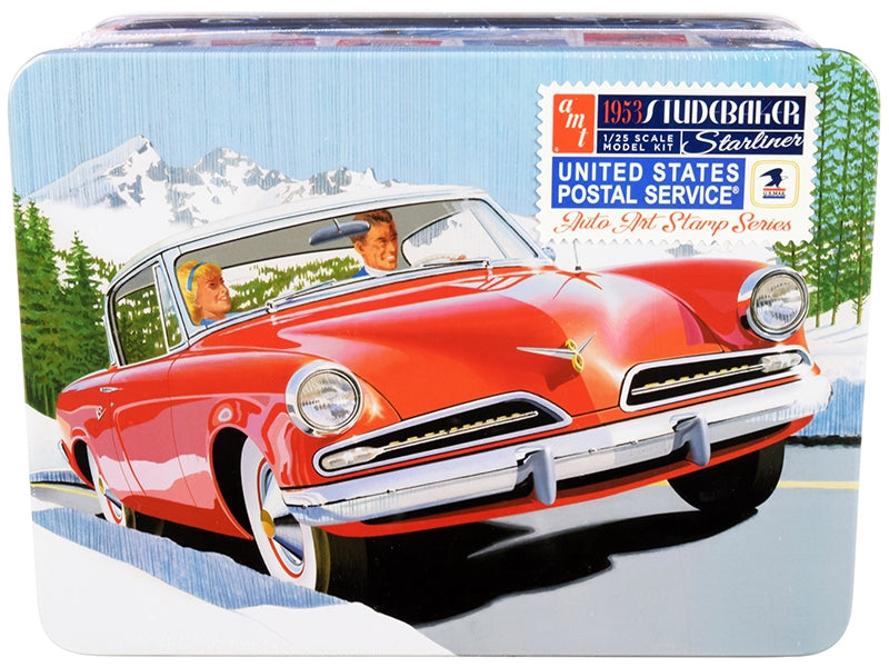 Skill 2 Model Kit 1953 Studebaker Starliner with "USPS" (United States Postal Service) Themed Collectible Tin Box 3-In-1 Kit 1/25 Scale Model by AMT