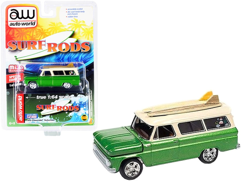 1965 Chevrolet Suburban Green Metallic and Cream with Two Surfboards "Surf Rods" Limited Edition to 3600 pieces Worldwide 1/64 Diecast Model Car by Auto World