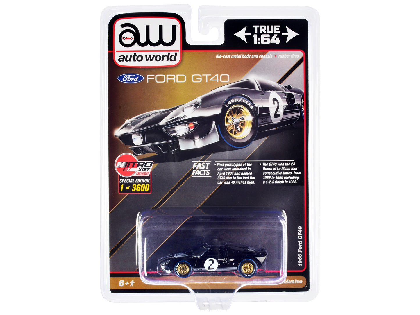 1966 Ford GT40 RHD (Right Hand Drive) #2 Black with Silver Stripes Limited Edition to 3600 pieces Worldwide 1/64 Diecast Model Car by Auto World