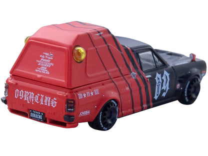 Nissan Sunny "Hakotora" Pickup Truck RHD (Right Hand Drive) #09 with Camper Shell Red and Black "09 Racing #Decepcionez" with Keychain Gift 1/64 Diecast Model Car by Inno Models