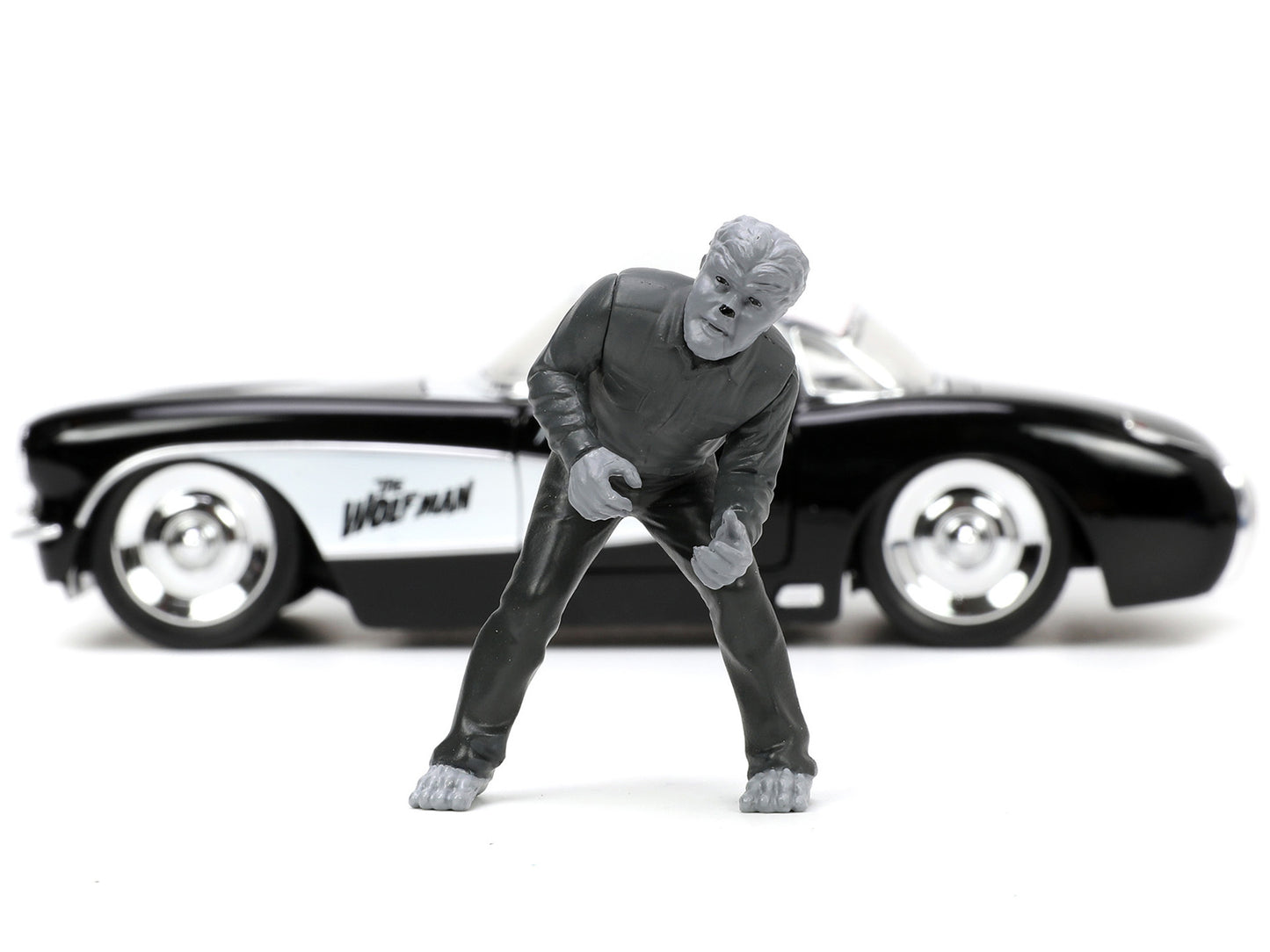 1957 Chevrolet Corvette Black with White Top and Wolfman Diecast Figure "Universal Monsters" "Hollywood Rides" Series 1/24 Diecast Model Car by Jada