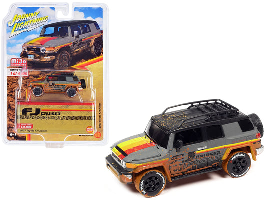 2007 Toyota FJ Cruiser Gray with Stripes (Muddy Version) with Roofrack Limited Edition to 4800 pieces Worldwide 1/64 Diecast Model Car by Johnny Lightning