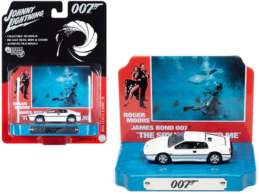 1976 Lotus Esprit S1 White with Collectible Tin Display "007" (James Bond) "The Spy Who Loved Me" (1977) Movie (10th in the James Bond Series) 1/64 Diecast Model Car by Johnny Lightning