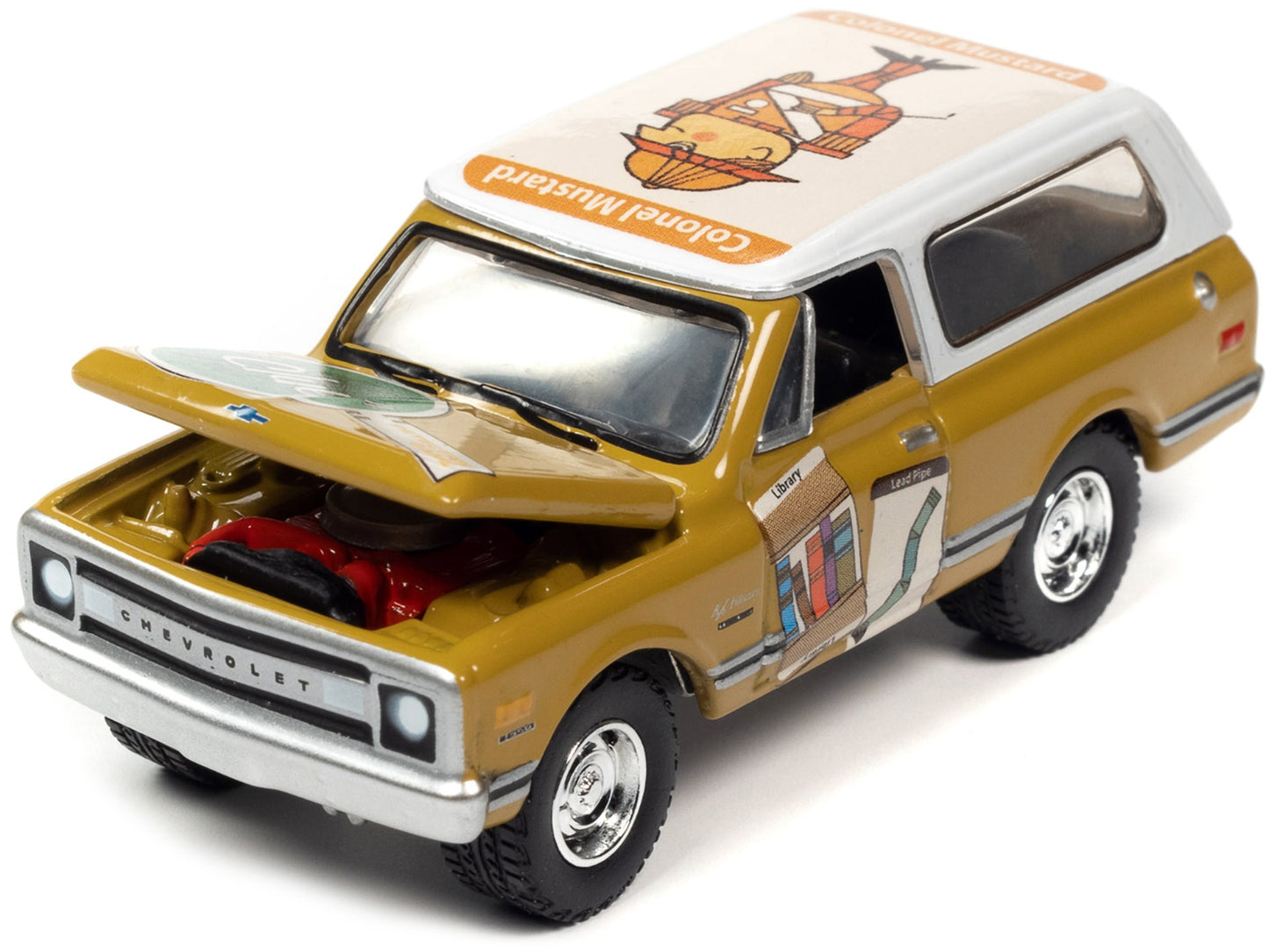 1970 Chevrolet Blazer Mustard Yellow with White Top (Colonel Mustard) w/Poker Chip Collector's Token "Vintage Clue" "Pop Culture" 2022 Release 2 1/64 Diecast Model Car by Johnny Lightning