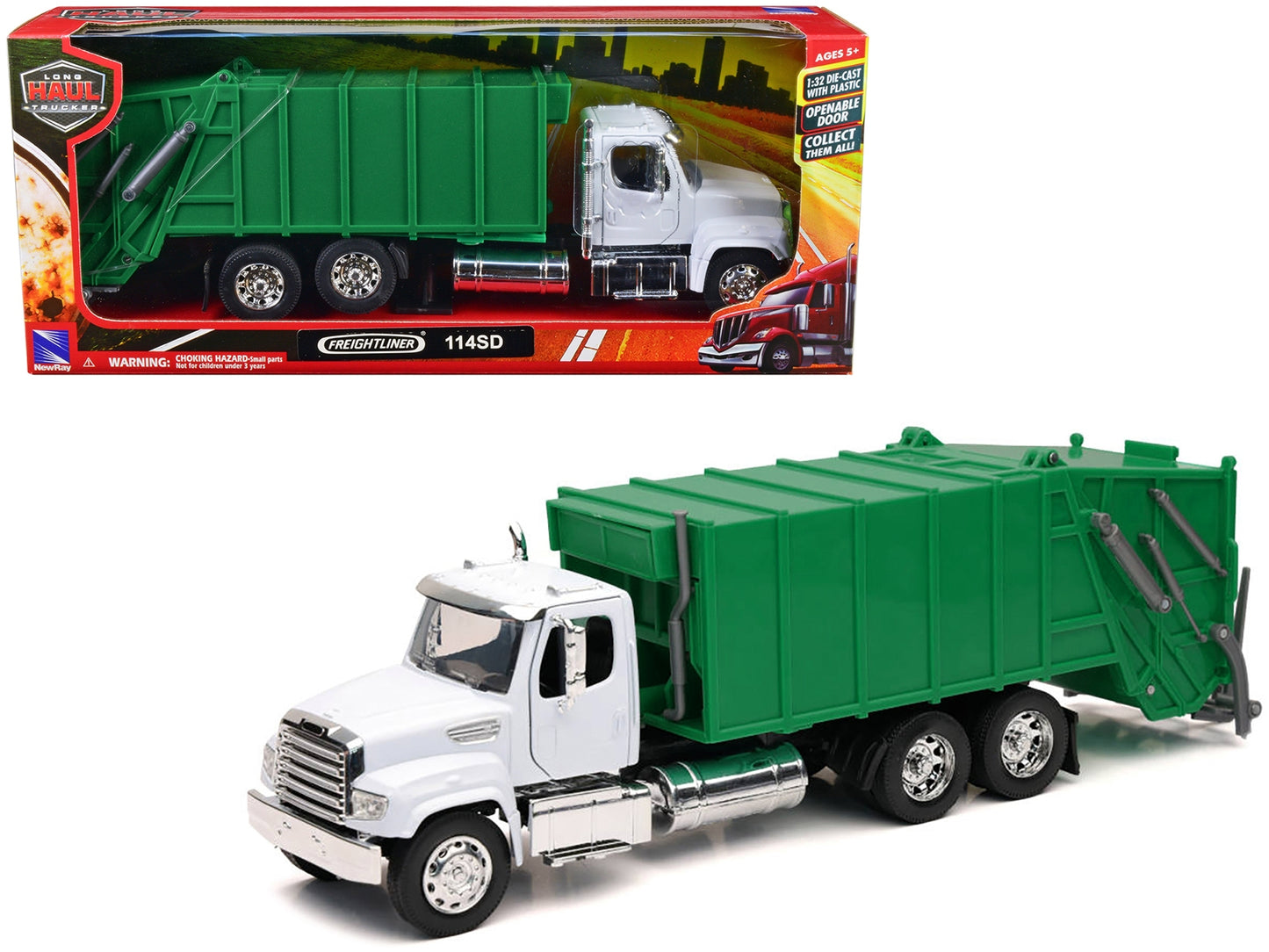 Freightliner 114SD Garbage Truck White and Green "Long Haul Trucker" Series 1/32 Diecast Model by New Ray